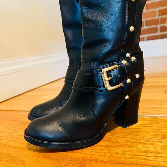 MICHAEL KORS BLACK LEATHER KNEE HIGH BOOTS WITH BUCKLE & RIVETS SZ 8 M - Picture 2 of 16